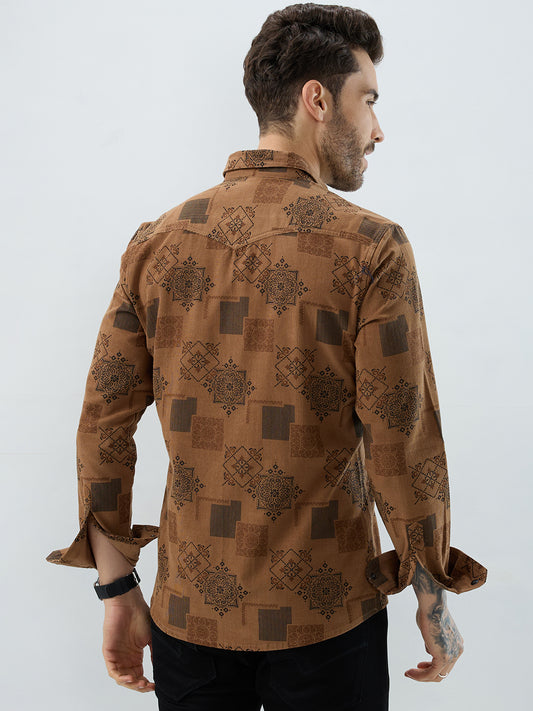 Russet Brown Royal Motif Heritage Twin Pocket Corduroy Shirt