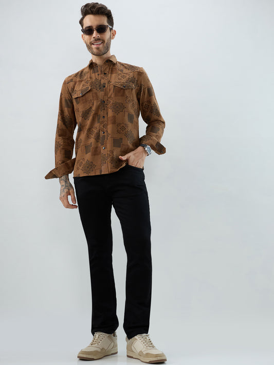 Russet Brown Royal Motif Heritage Twin Pocket Corduroy Shirt