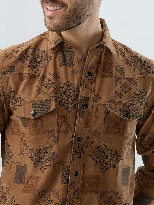 Russet Brown Royal Motif Heritage Twin Pocket Corduroy Shirt
