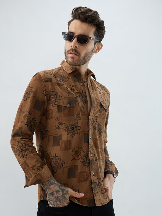Russet Brown Royal Motif Heritage Twin Pocket Corduroy Shirt