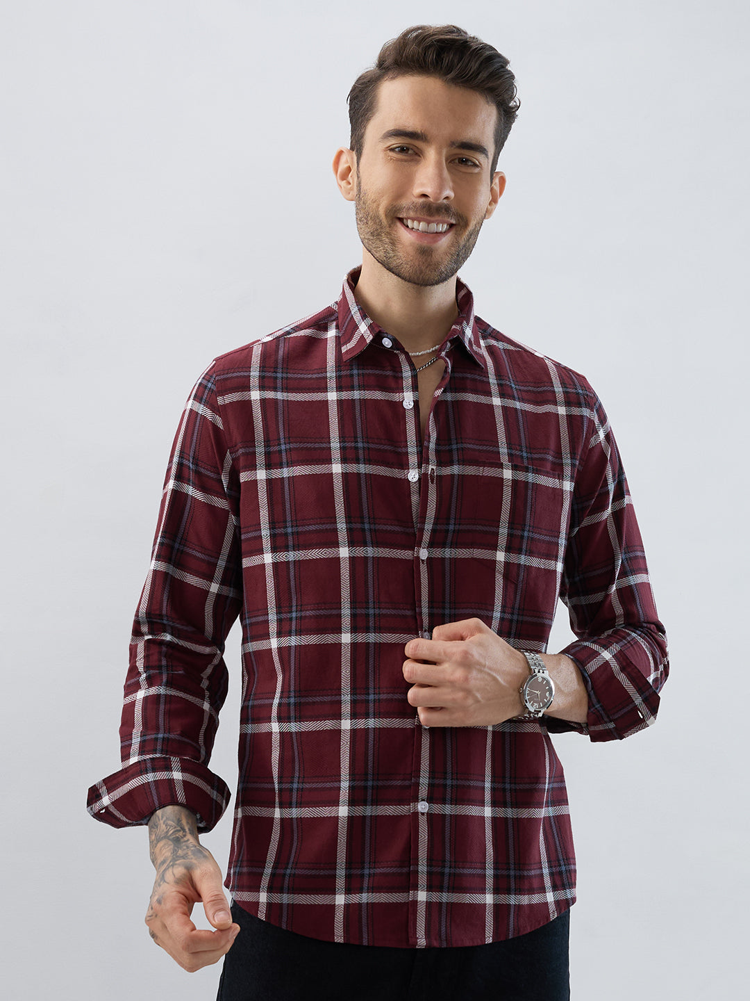 Premium Cotton Maroon Herringbone Tartan Checked Shirt
