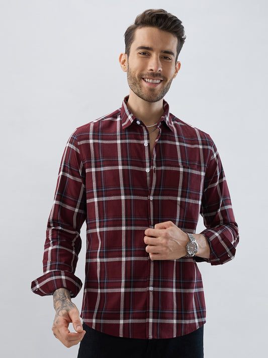 Premium Cotton Maroon Herringbone Tartan Checked Shirt