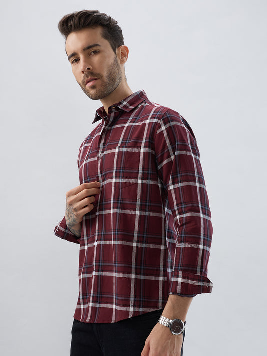 Premium Cotton Maroon Herringbone Tartan Checked Shirt