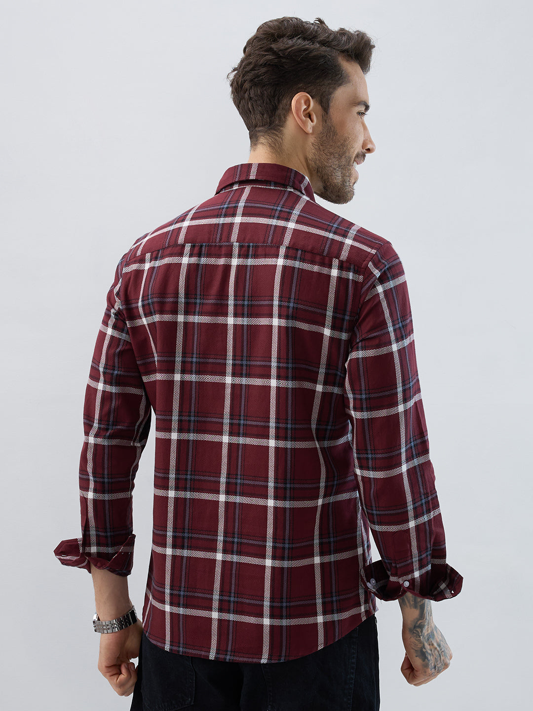 Premium Cotton Maroon Herringbone Tartan Checked Shirt