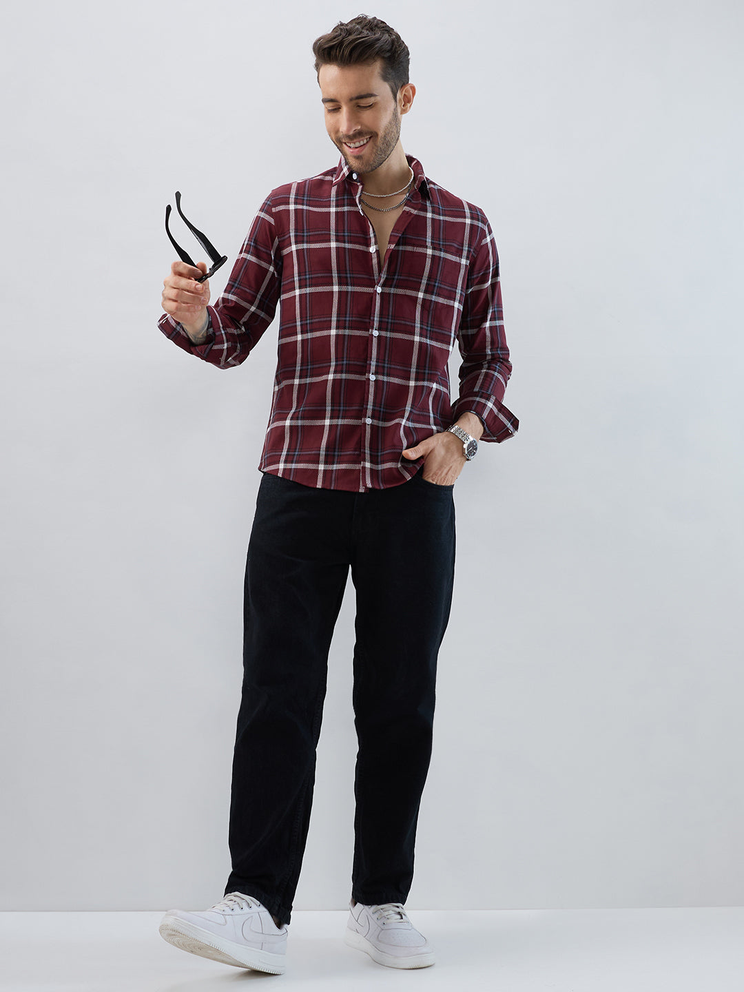 Premium Cotton Maroon Herringbone Tartan Checked Shirt