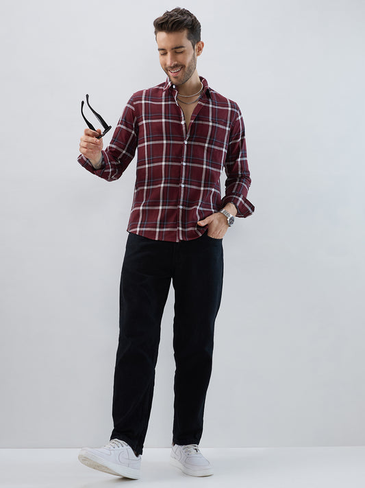 Premium Cotton Maroon Herringbone Tartan Checked Shirt