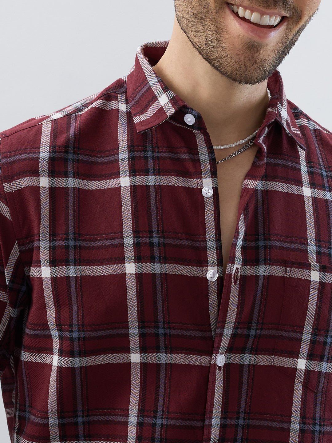 Premium Cotton Maroon Herringbone Tartan Checked Shirt
