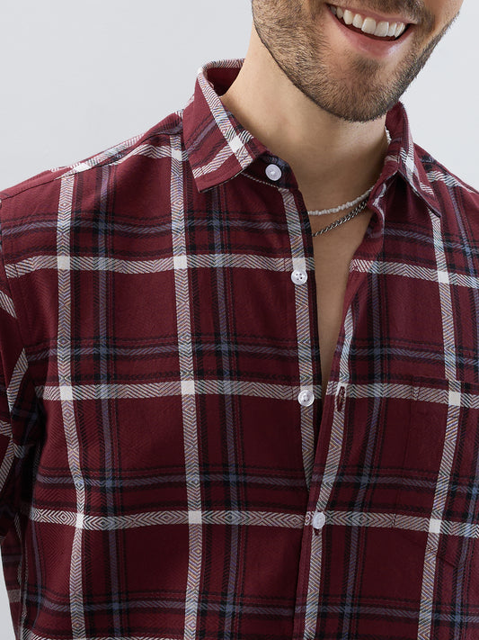 Premium Cotton Maroon Herringbone Tartan Checked Shirt