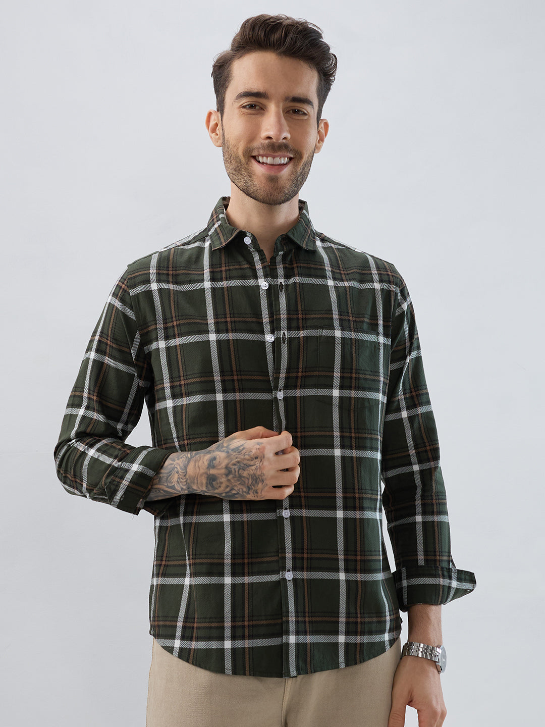 Premuim Cotton Olive Grid Tartan Checks Shirt