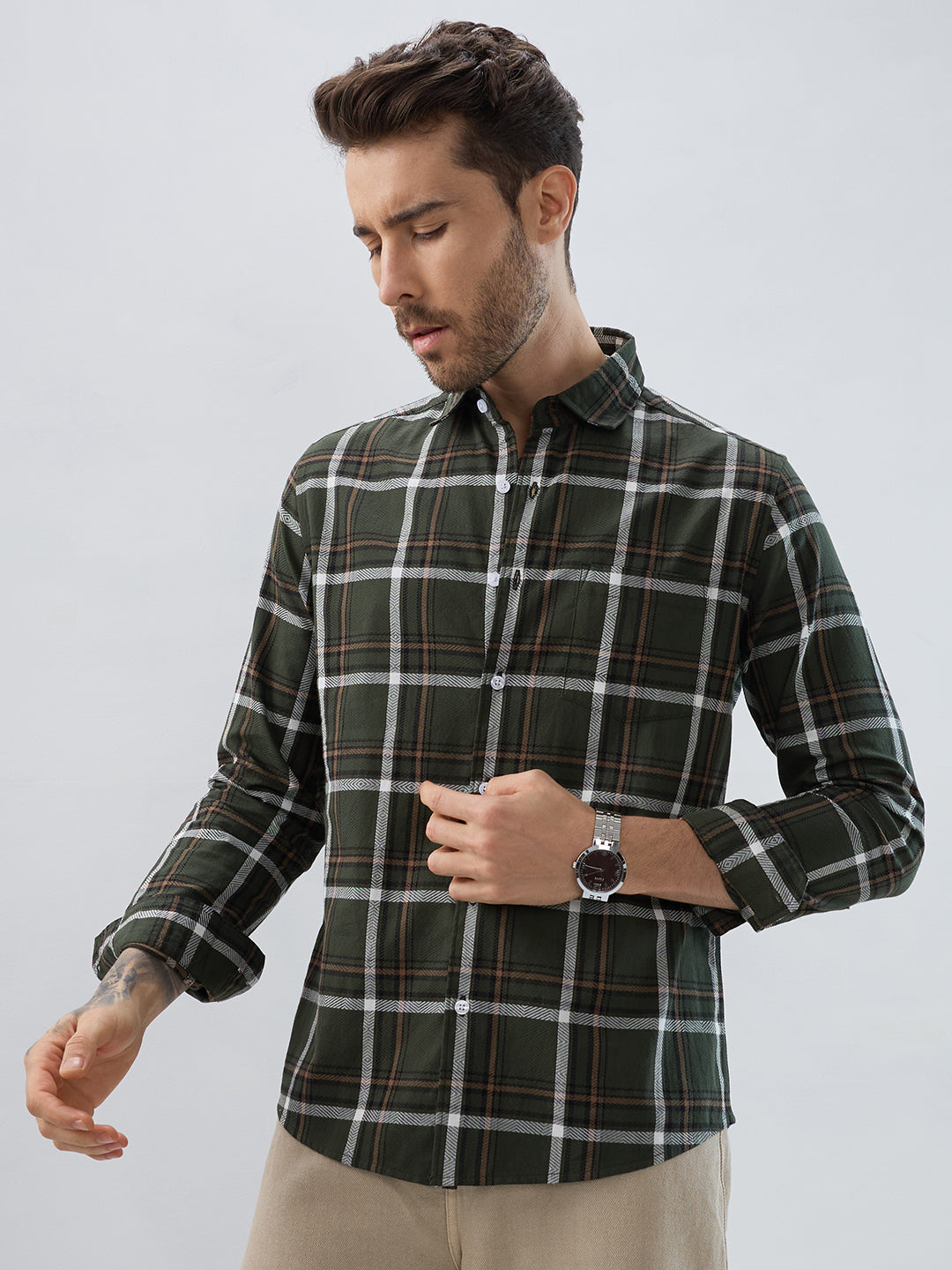 Premuim Cotton Olive Grid Tartan Checks Shirt
