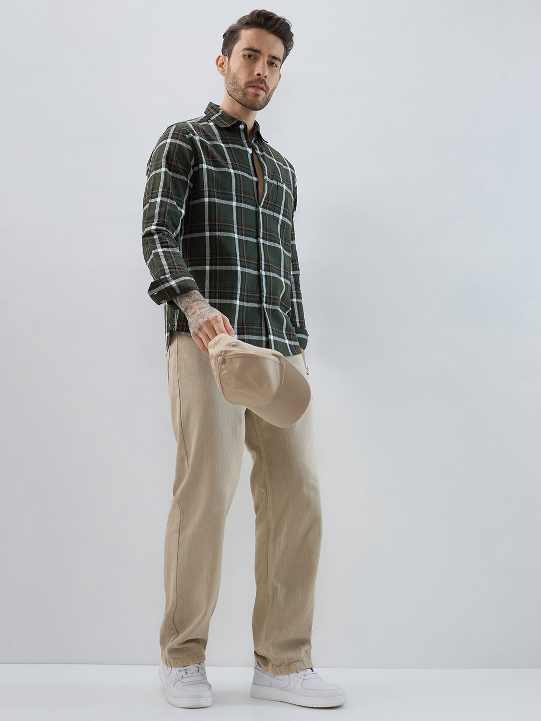 Premuim Cotton Olive Grid Tartan Checks Shirt