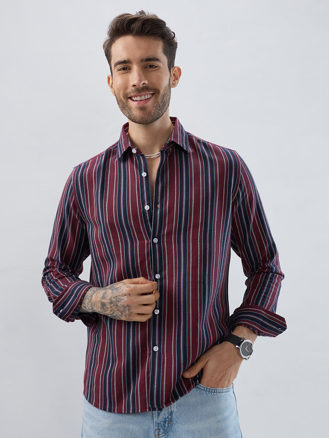 Premium Cotton Maroon & Navy Balanced Striped Shirt