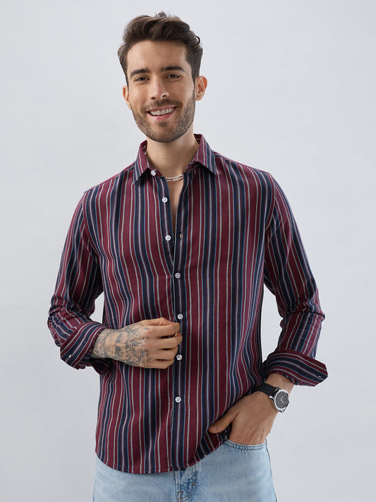 Premium Cotton Maroon & Navy Balanced Striped Shirt