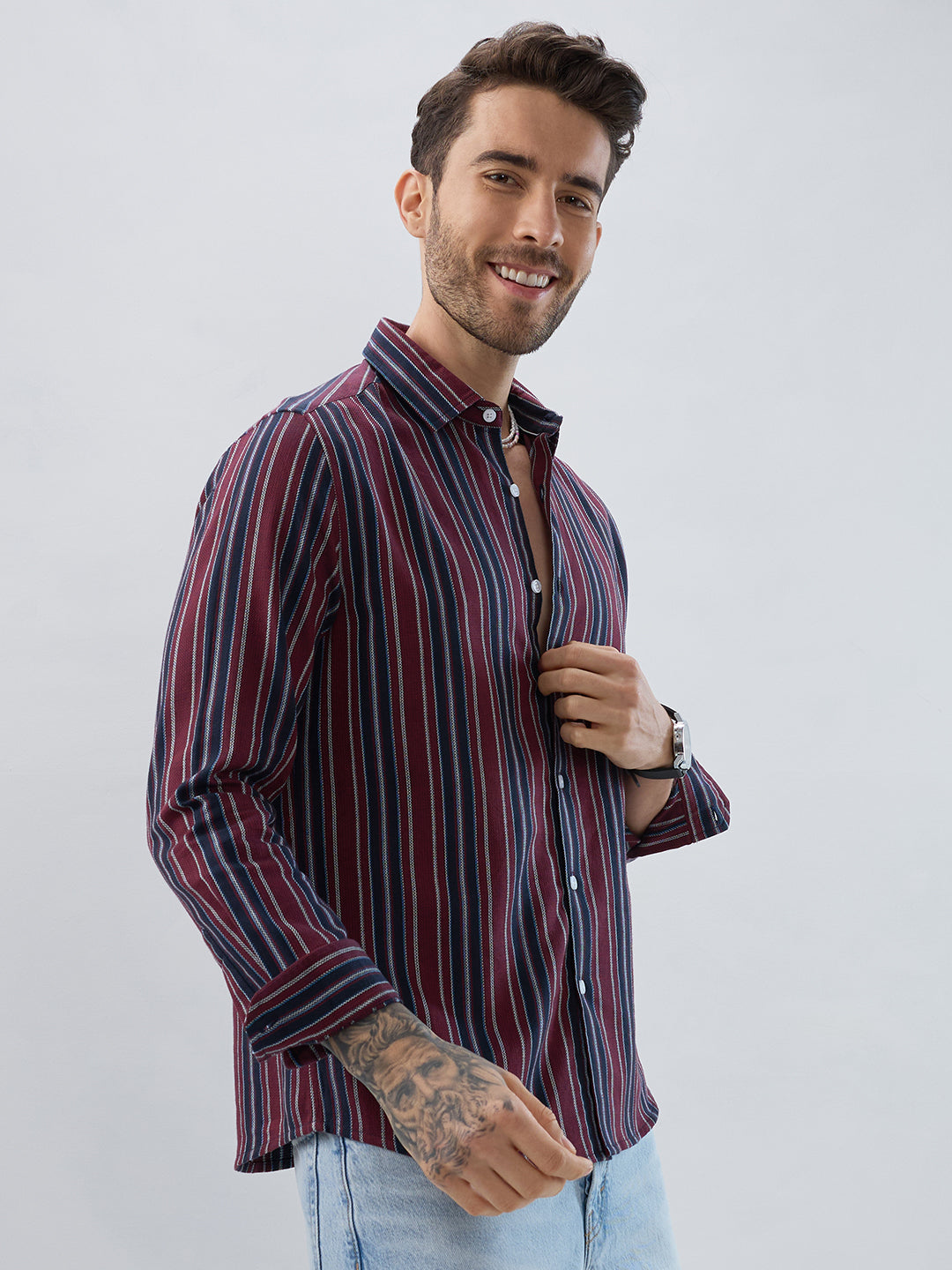 Premium Cotton Maroon & Navy Balanced Striped Shirt