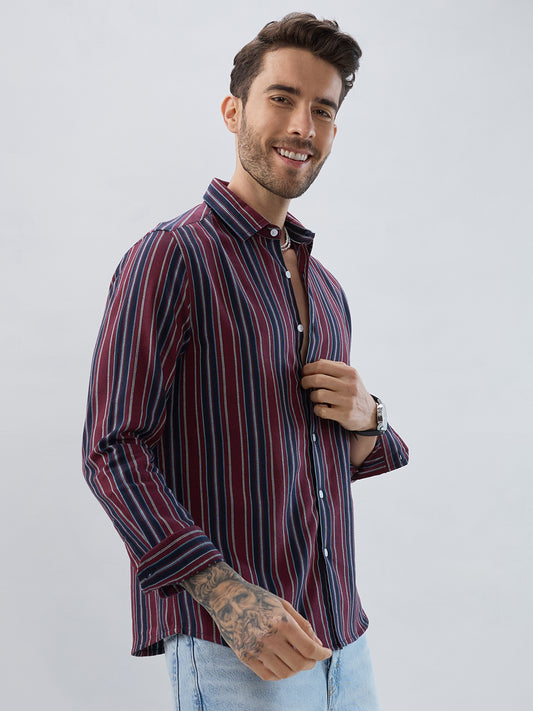 Premium Cotton Maroon & Navy Balanced Striped Shirt