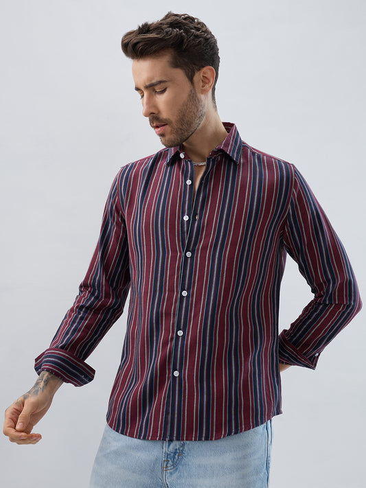 Premium Cotton Maroon & Navy Balanced Striped Shirt