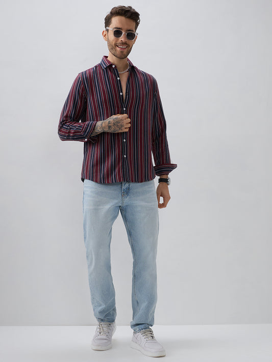 Premium Cotton Maroon & Navy Balanced Striped Shirt