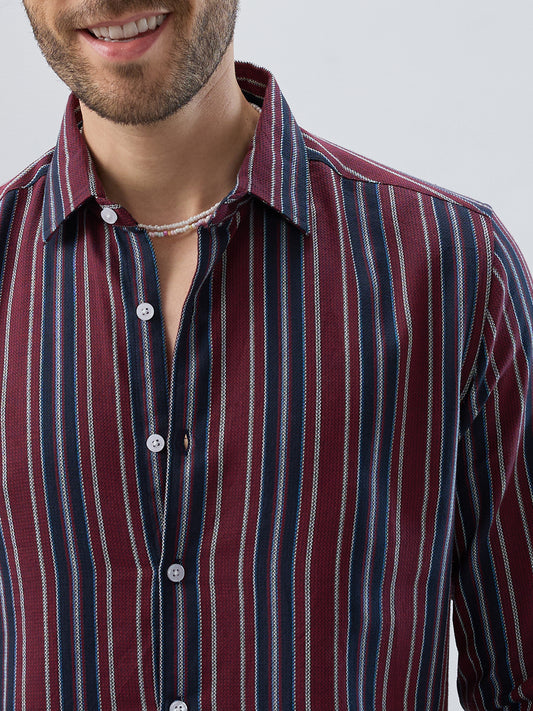 Premium Cotton Maroon & Navy Balanced Striped Shirt