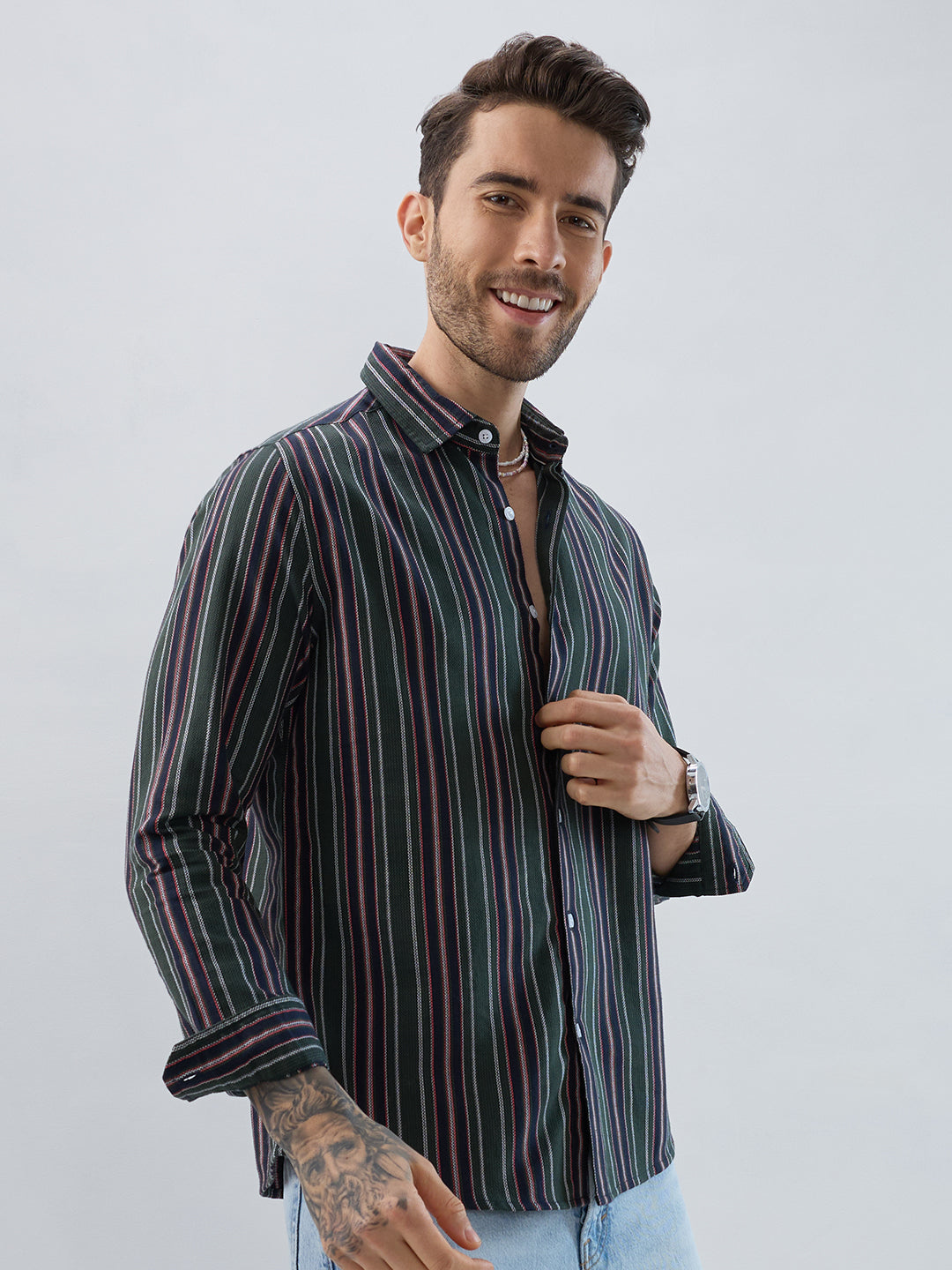 Premium Cotton Olive & Navy Balanced Striped Shirt