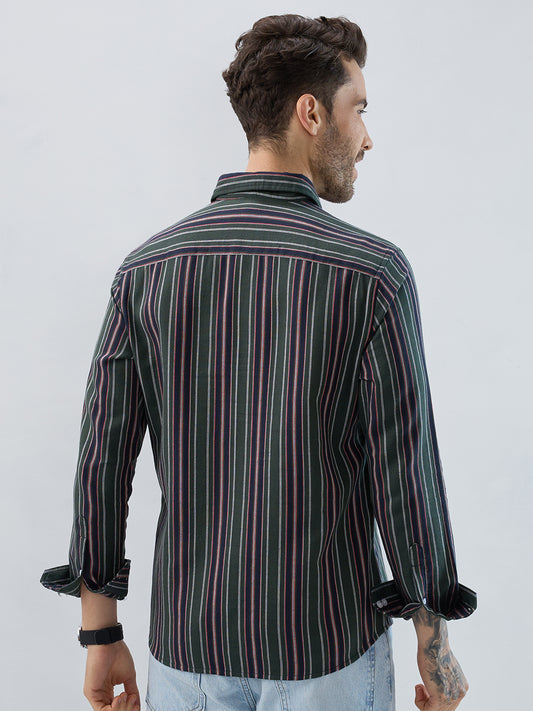 Premium Cotton Olive & Navy Balanced Striped Shirt