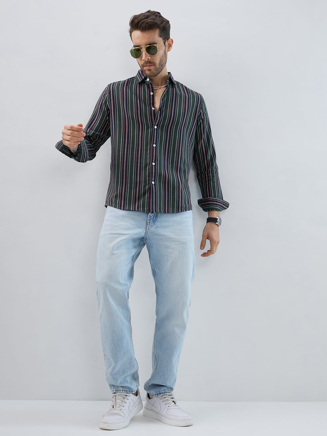 Premium Cotton Olive & Navy Balanced Striped Shirt