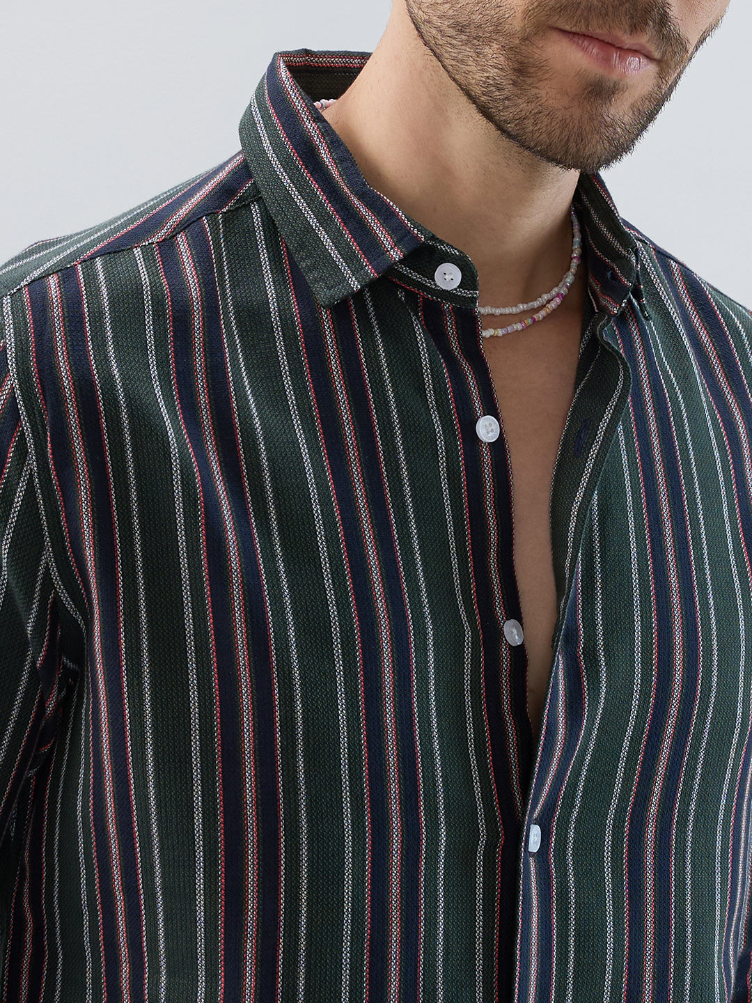 Premium Cotton Olive & Navy Balanced Striped Shirt