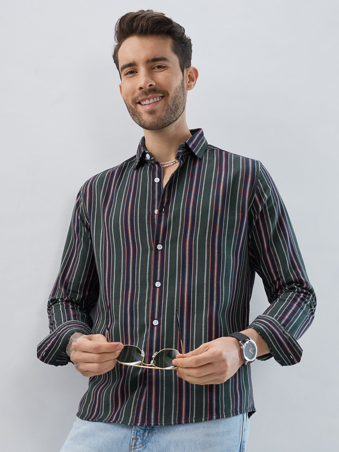 Premium Cotton Olive & Navy Balanced Striped Shirt