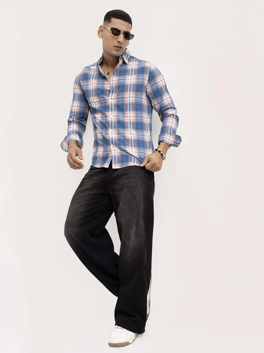 Premium Powder Blue Field Checks Denim Jacquard Shirt