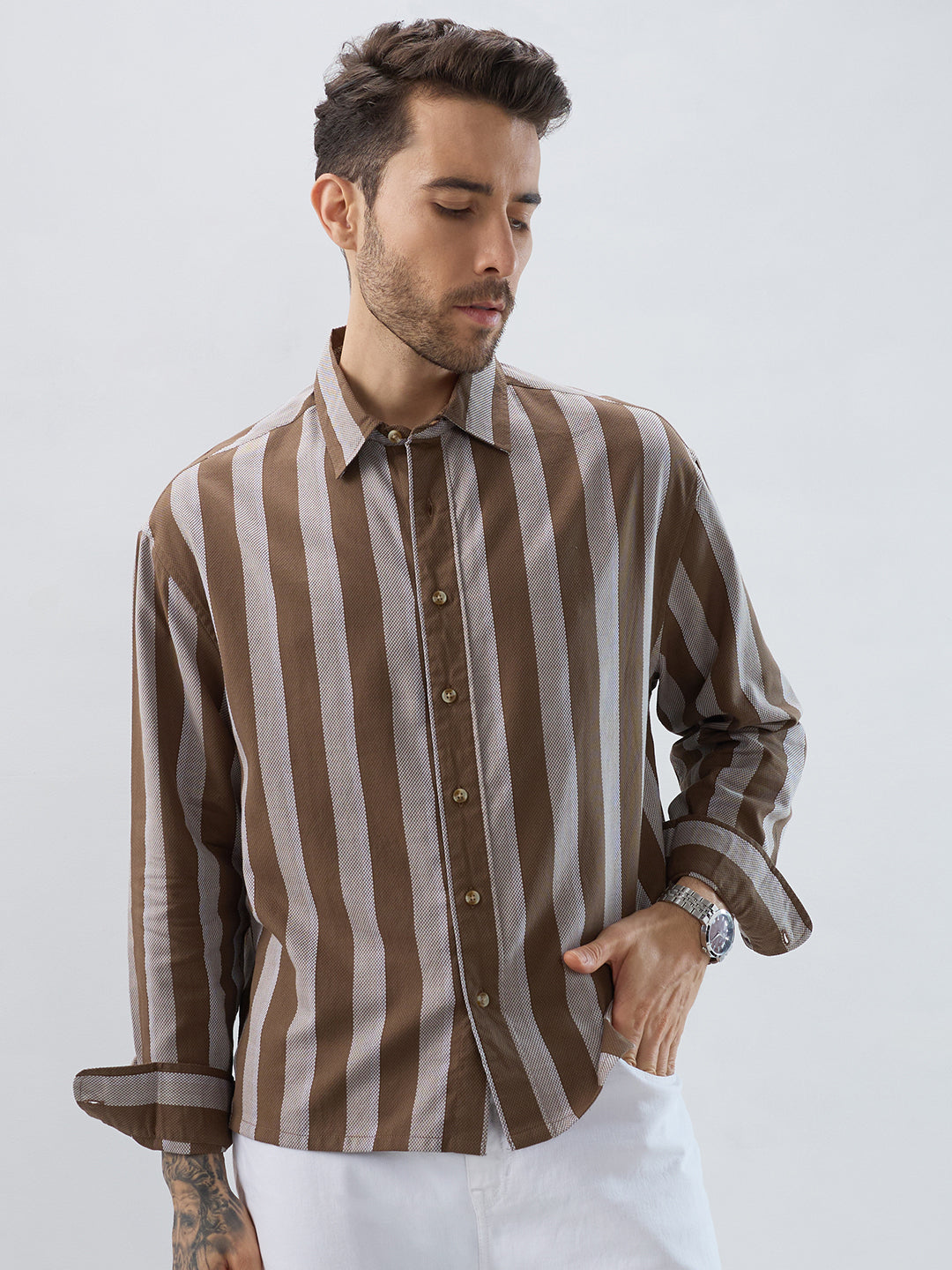 Mud Brown Bold Striped Boxy Fit Crop Shirt