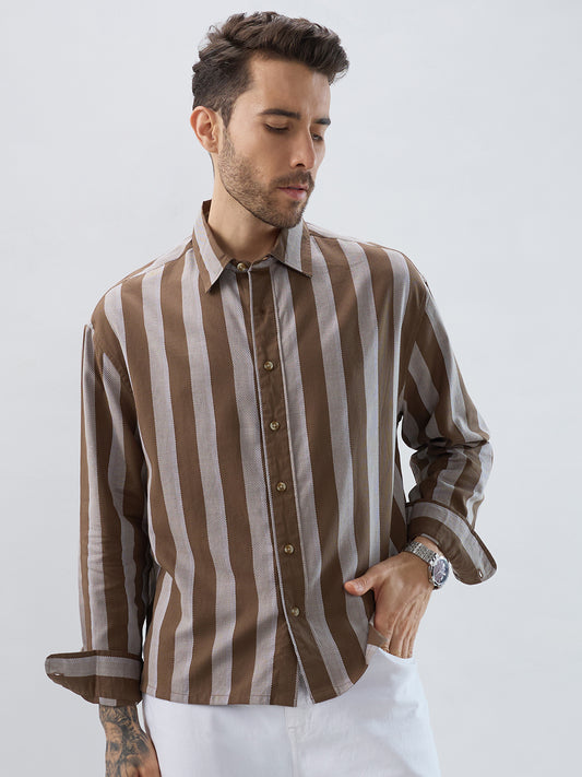 Mud Brown Bold Striped Boxy Fit Crop Shirt
