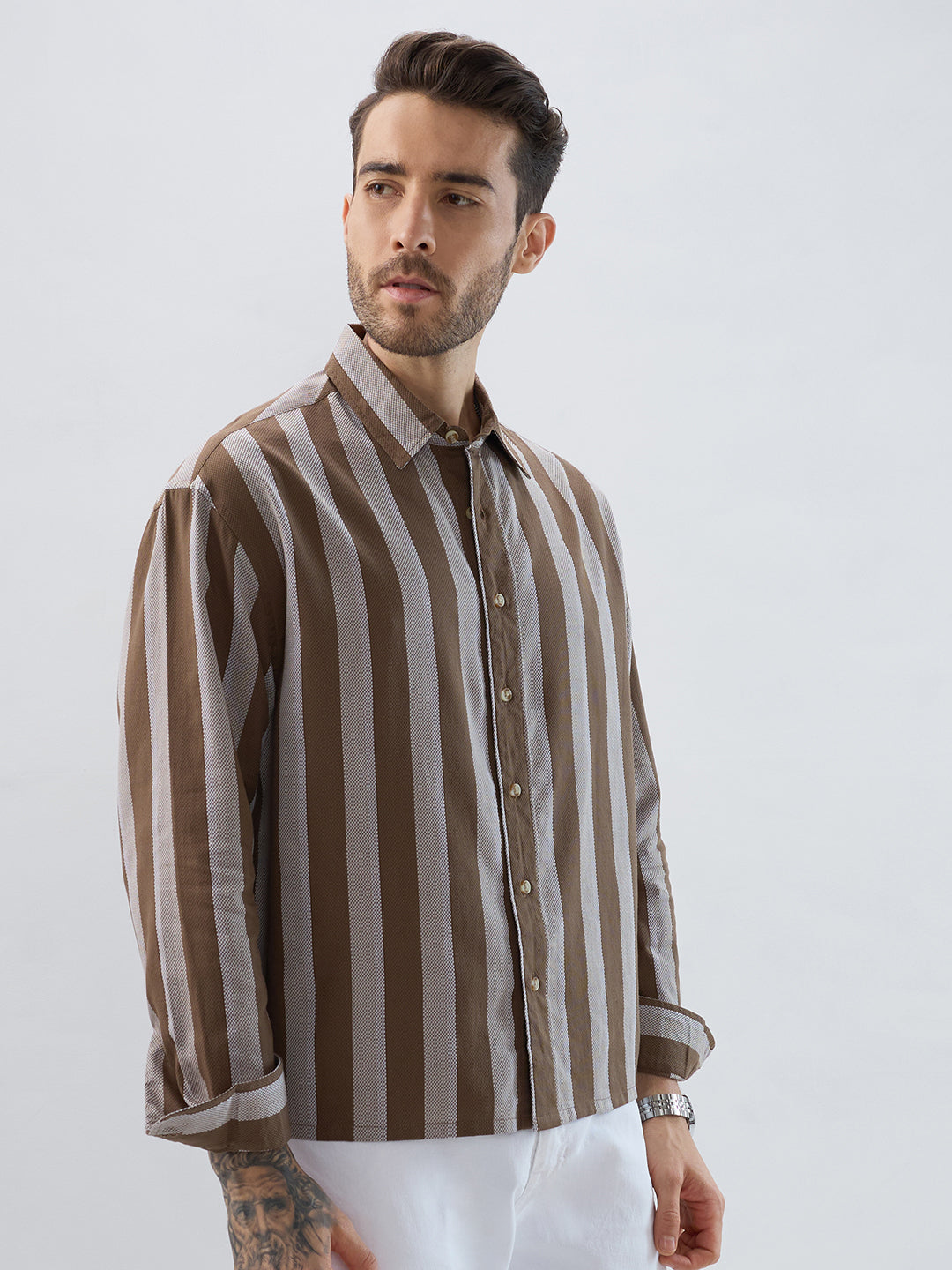 Mud Brown Bold Striped Boxy Fit Crop Shirt