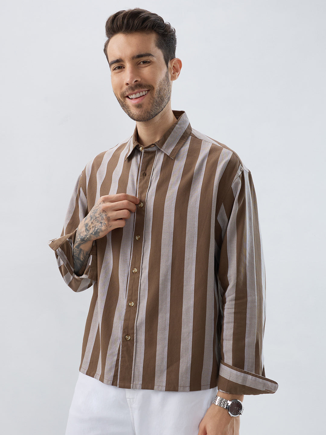 Mud Brown Bold Striped Boxy Fit Crop Shirt