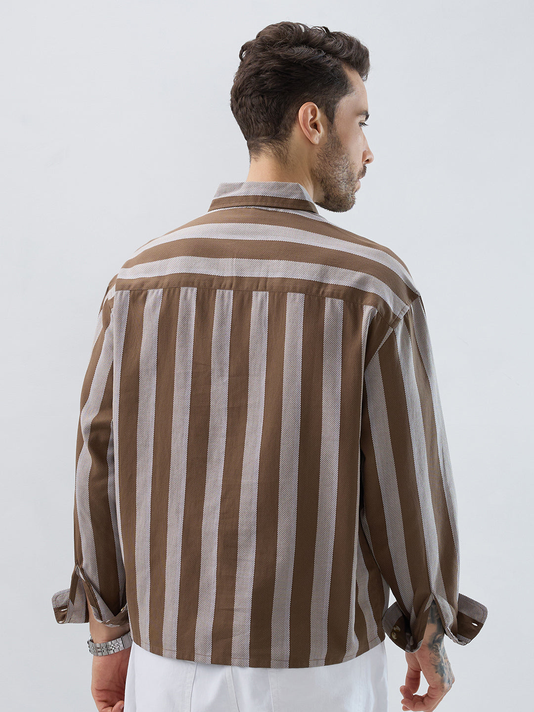 Mud Brown Bold Striped Boxy Fit Crop Shirt