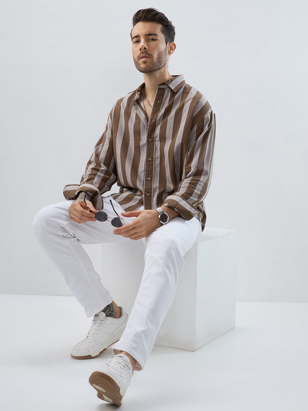 Mud Brown Bold Striped Boxy Fit Crop Shirt