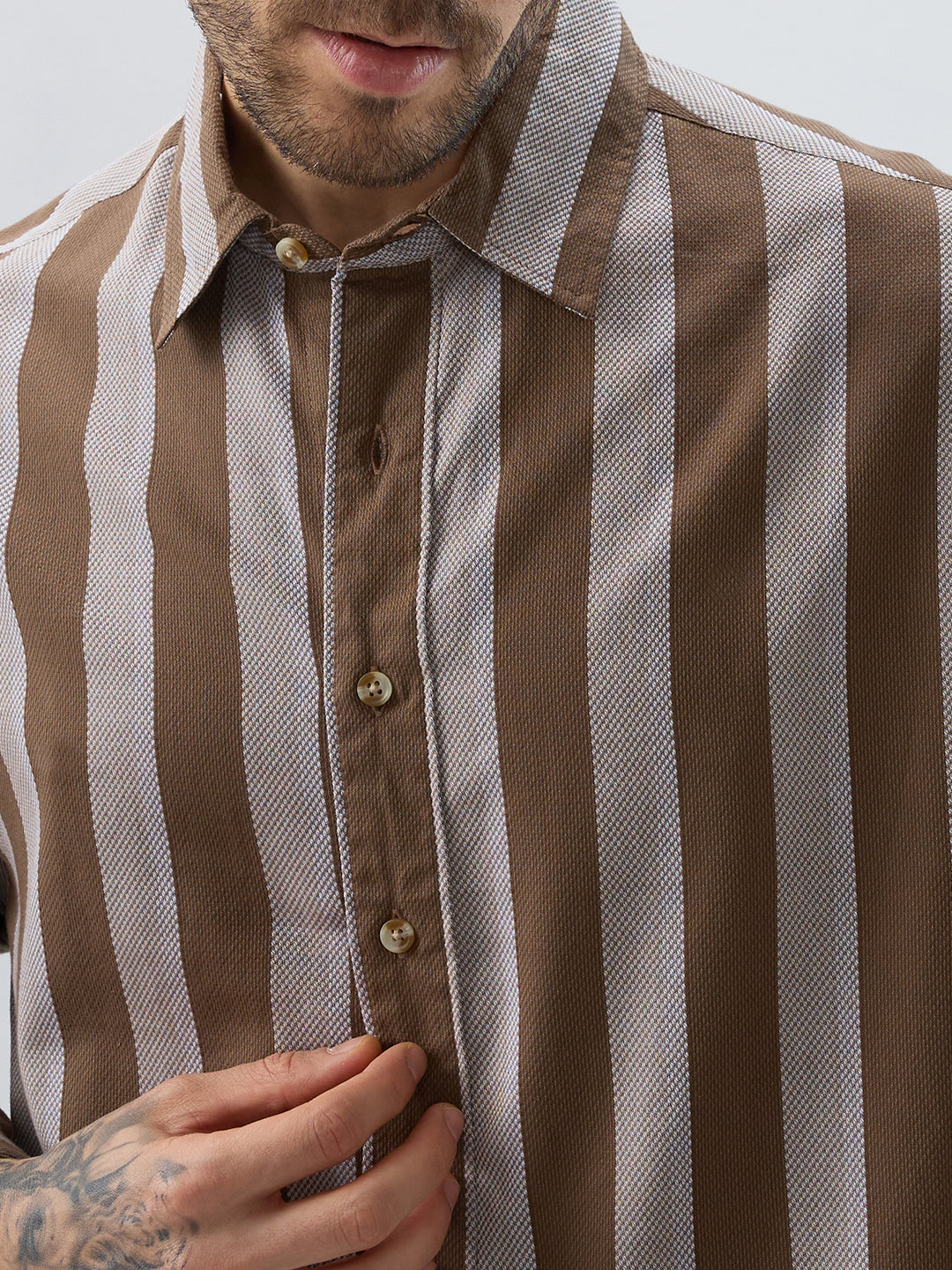 Mud Brown Bold Striped Boxy Fit Crop Shirt