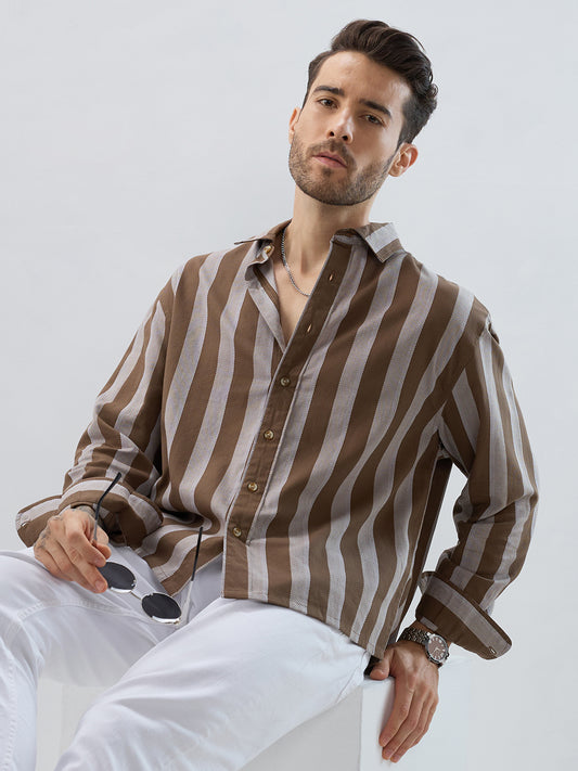Mud Brown Bold Striped Boxy Fit Crop Shirt