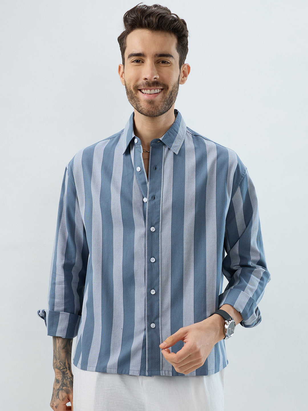 Slate Blue Grey Bold Striped Boxy Fit Crop Shirt