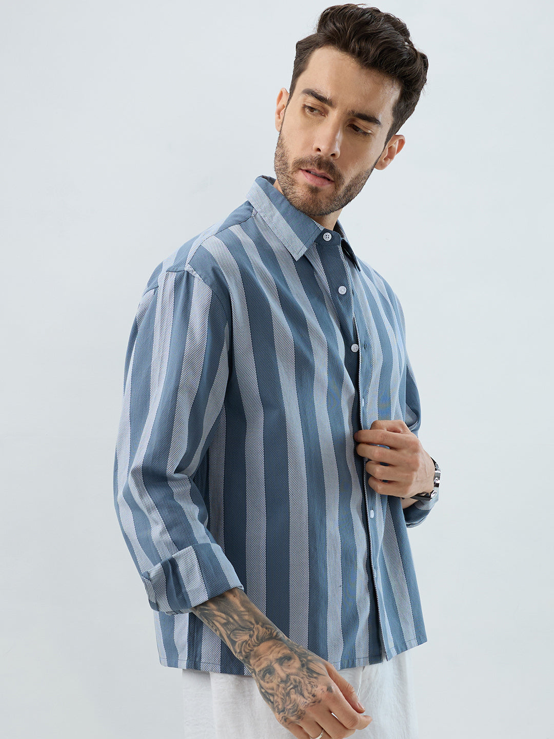 Slate Blue Grey Bold Striped Boxy Fit Crop Shirt