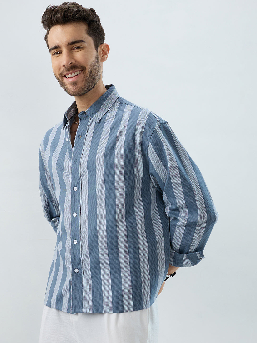 Slate Blue Grey Bold Striped Boxy Fit Crop Shirt