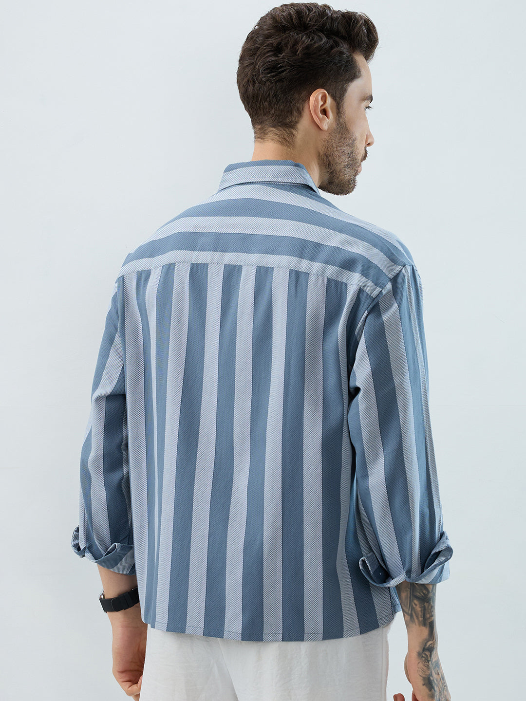 Slate Blue Grey Bold Striped Boxy Fit Crop Shirt