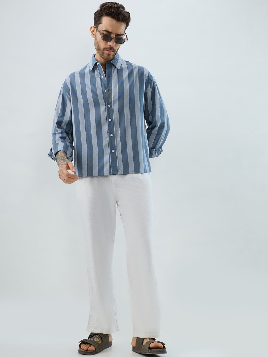 Slate Blue Grey Bold Striped Boxy Fit Crop Shirt