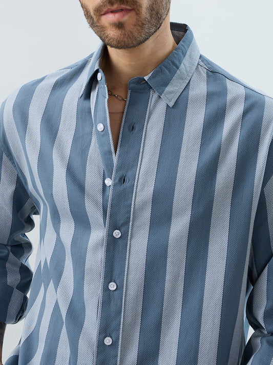 Slate Blue Grey Bold Striped Boxy Fit Crop Shirt