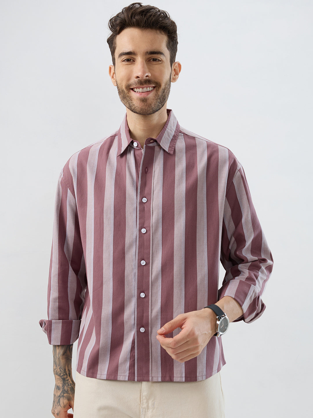 Raspberry Glace Pink Bold Striped Boxy Fit Crop Shirt