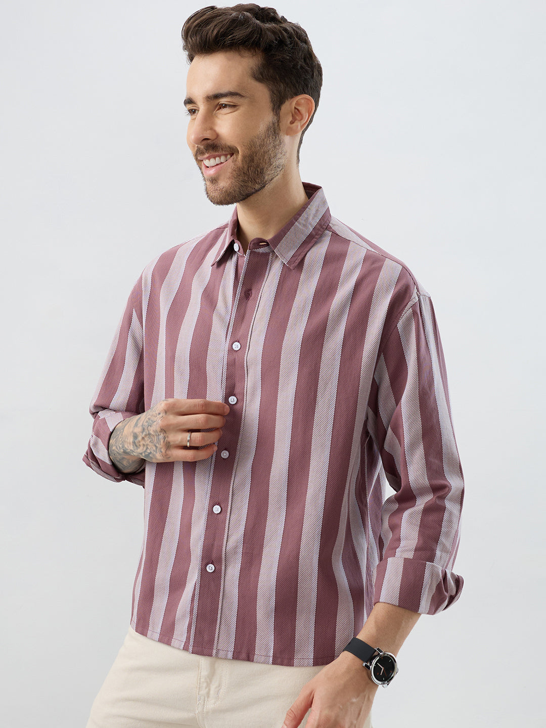 Raspberry Glace Pink Bold Striped Boxy Fit Crop Shirt