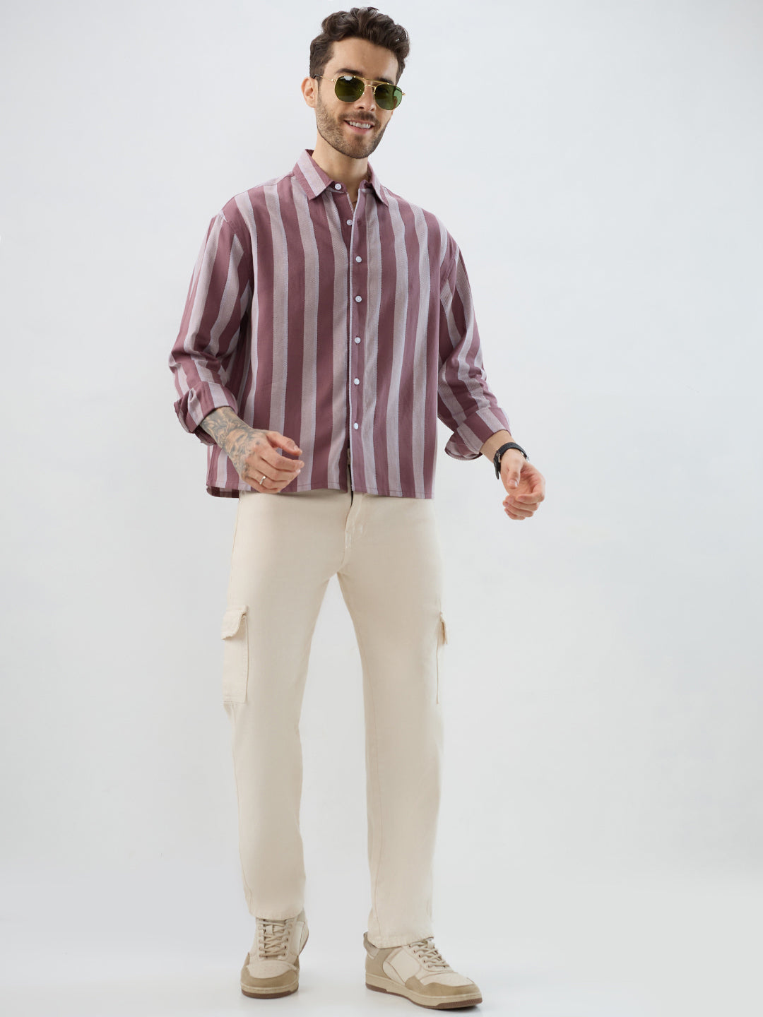 Raspberry Glace Pink Bold Striped Boxy Fit Crop Shirt