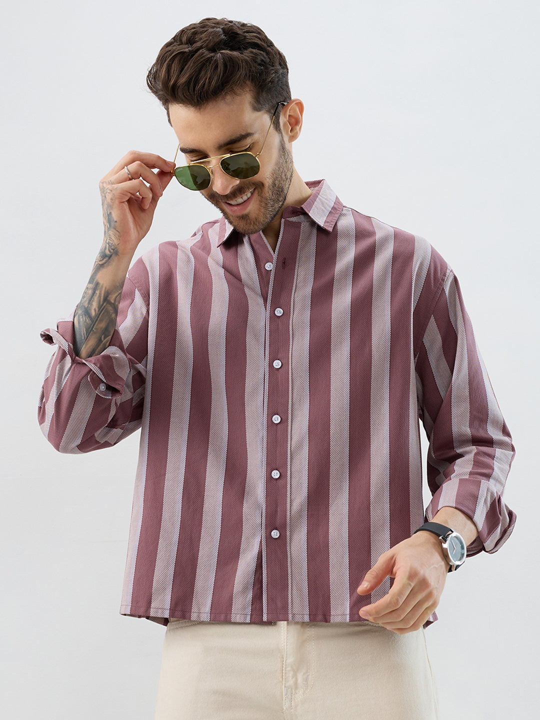 Raspberry Glace Pink Bold Striped Boxy Fit Crop Shirt