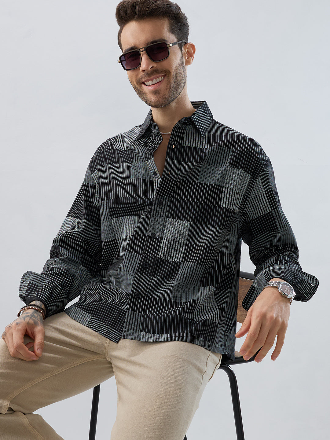 Distinguished Monochrome Maestro Contrast Stripe Boxy Fit Crop Shirt