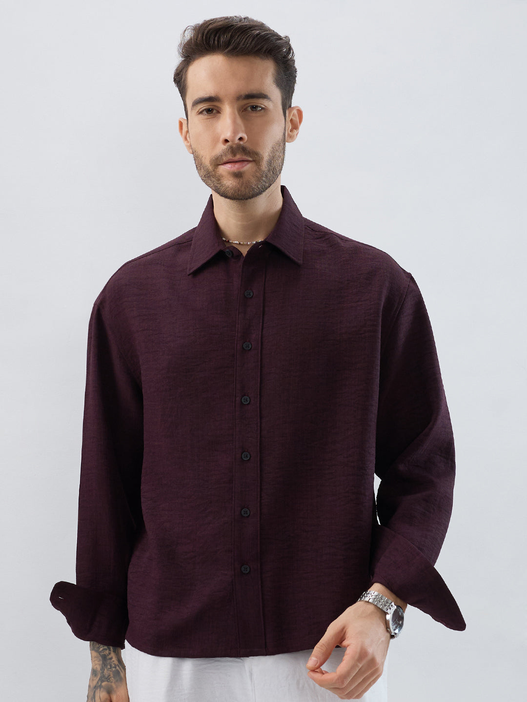 Rich Wine Slub Textured Boxy Fit Crop Shirt