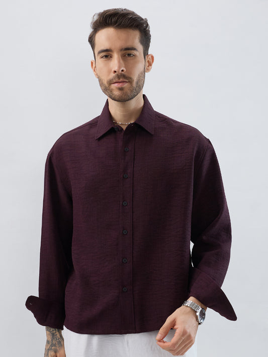 Rich Wine Slub Textured Boxy Fit Crop Shirt