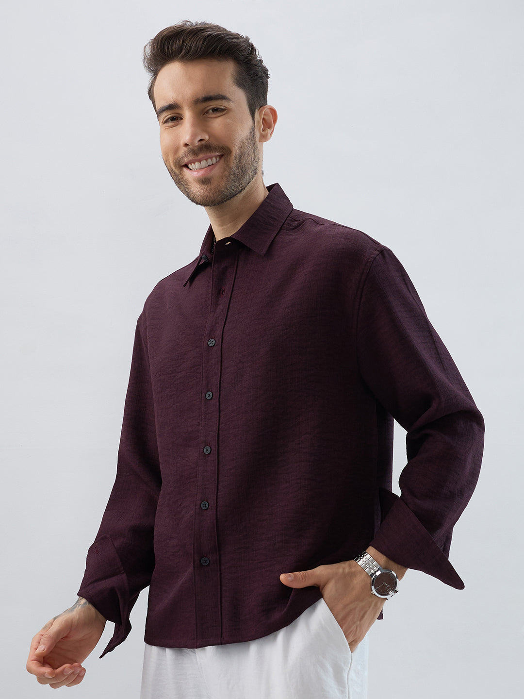 Rich Wine Slub Textured Boxy Fit Crop Shirt